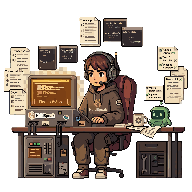 Animated pixel art operator working at a terminal while companion and task cards update
