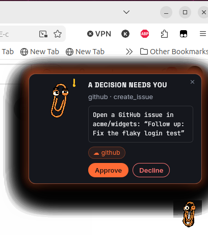 The native Linux overlay on a real desktop: Qlippy in an alert pose beside the headline 'A decision needs you', the exact preview of a proposed GitHub issue, the egress badge naming the destination, and Approve and Decline buttons, floating over a browser window.