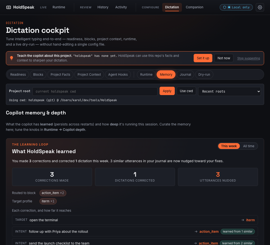 The 'What HoldSpeak learned' digest: a this-week / all-time toggle, headline counts for corrections made, dictations corrected, and utterances nudged, a breakdown by block and target, and per-correction 'learned from N similar' rows.