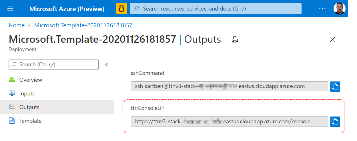 The Things Stack on Azure - Outputs on successful deployment