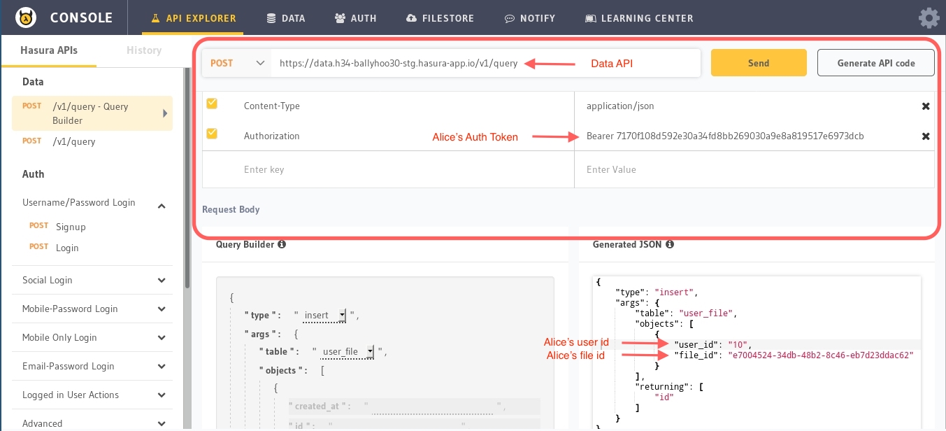 Create hasura application user for alice