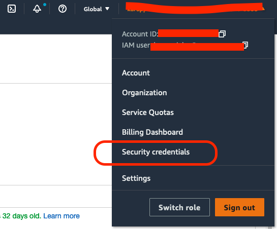 AWS Security Credentials Button