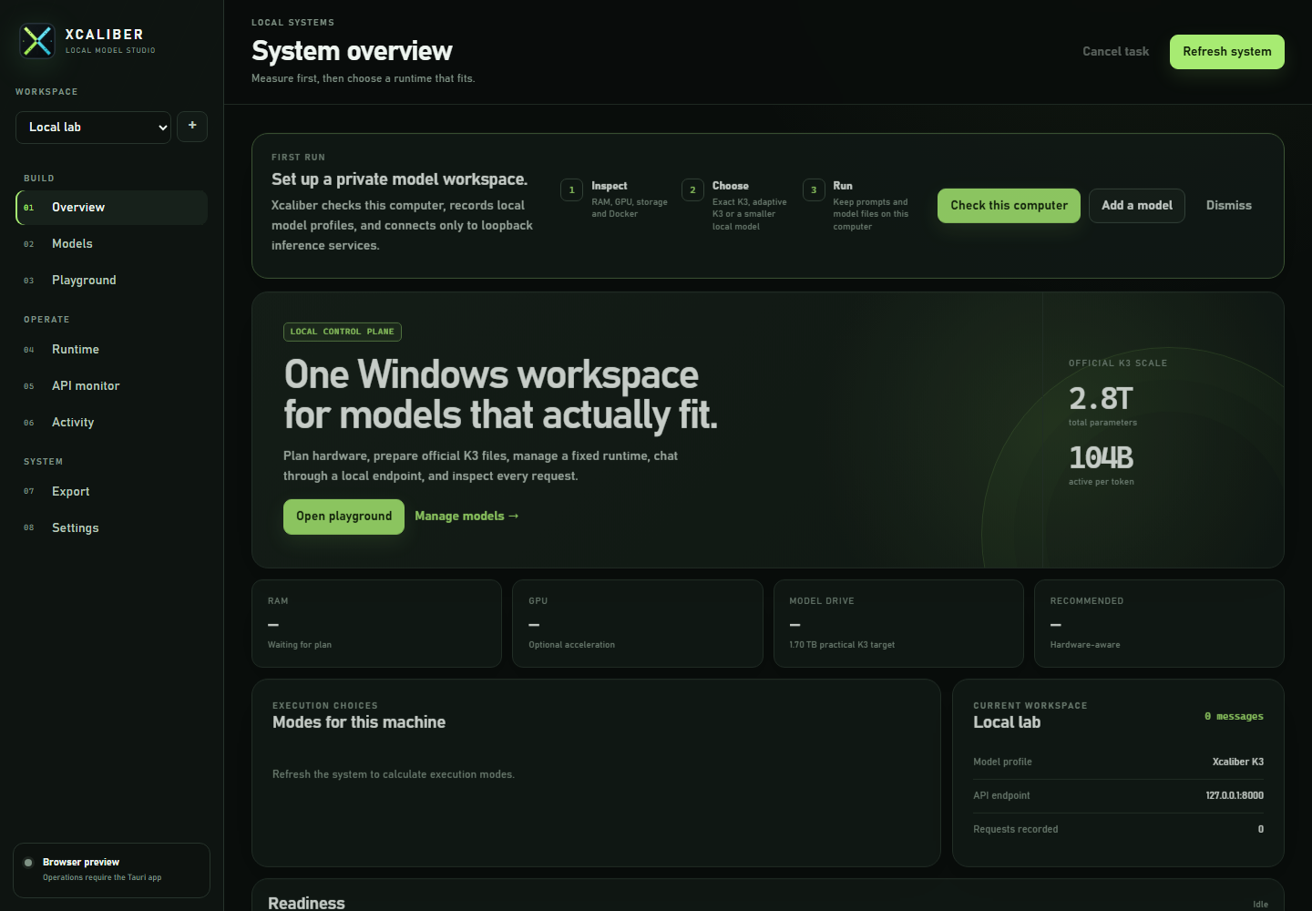Xcaliber local model studio rendered from the Windows application frontend