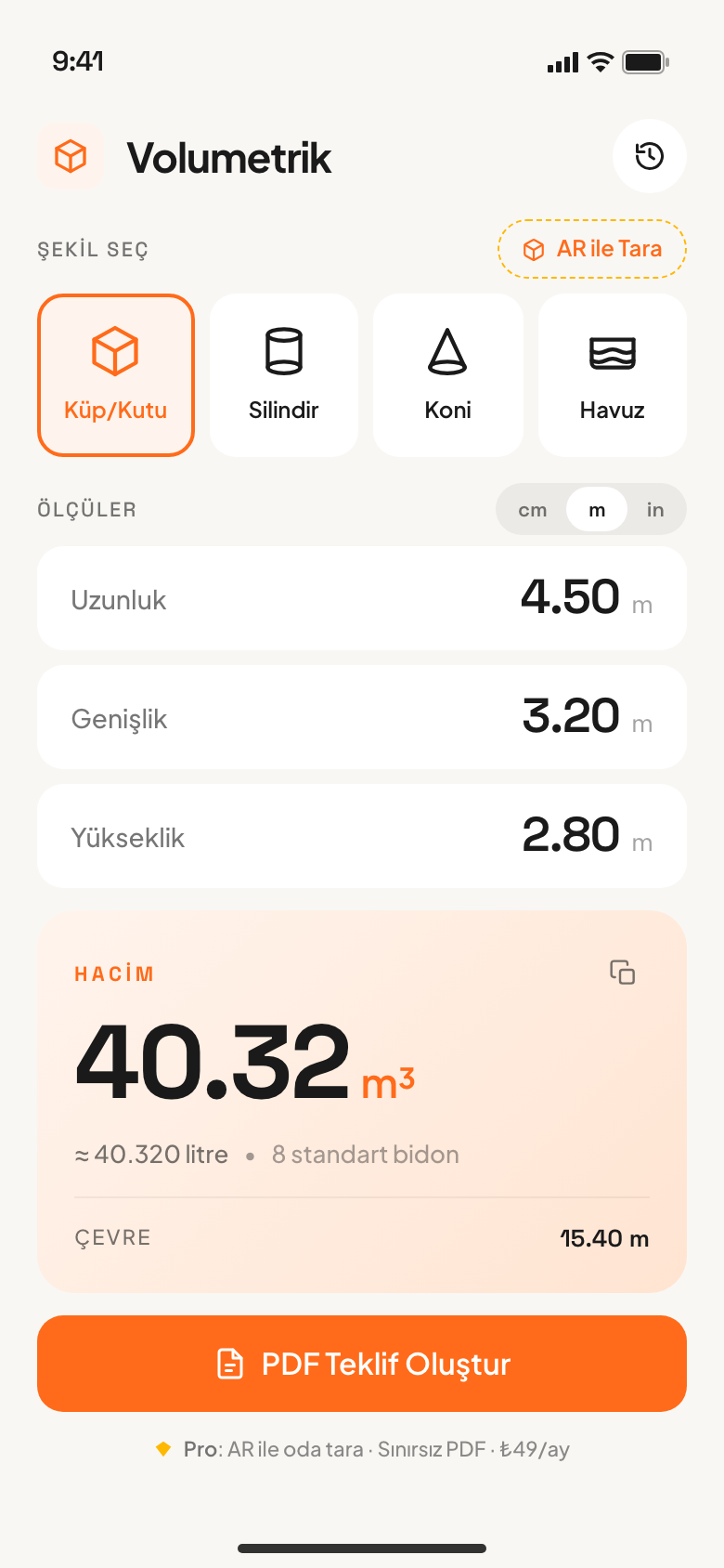 Volume calculator app screen (Turkish)