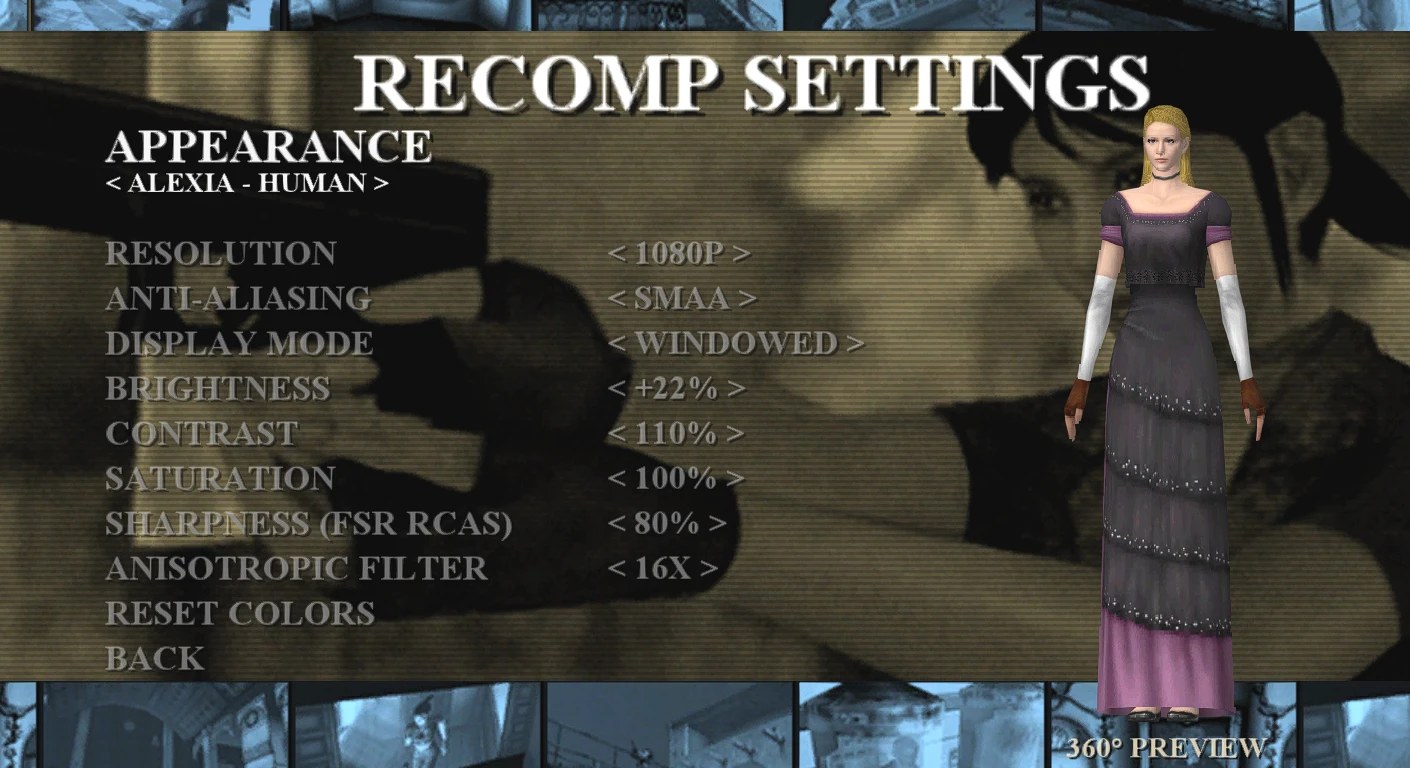 RECOMP SETTINGS with the appearance selector