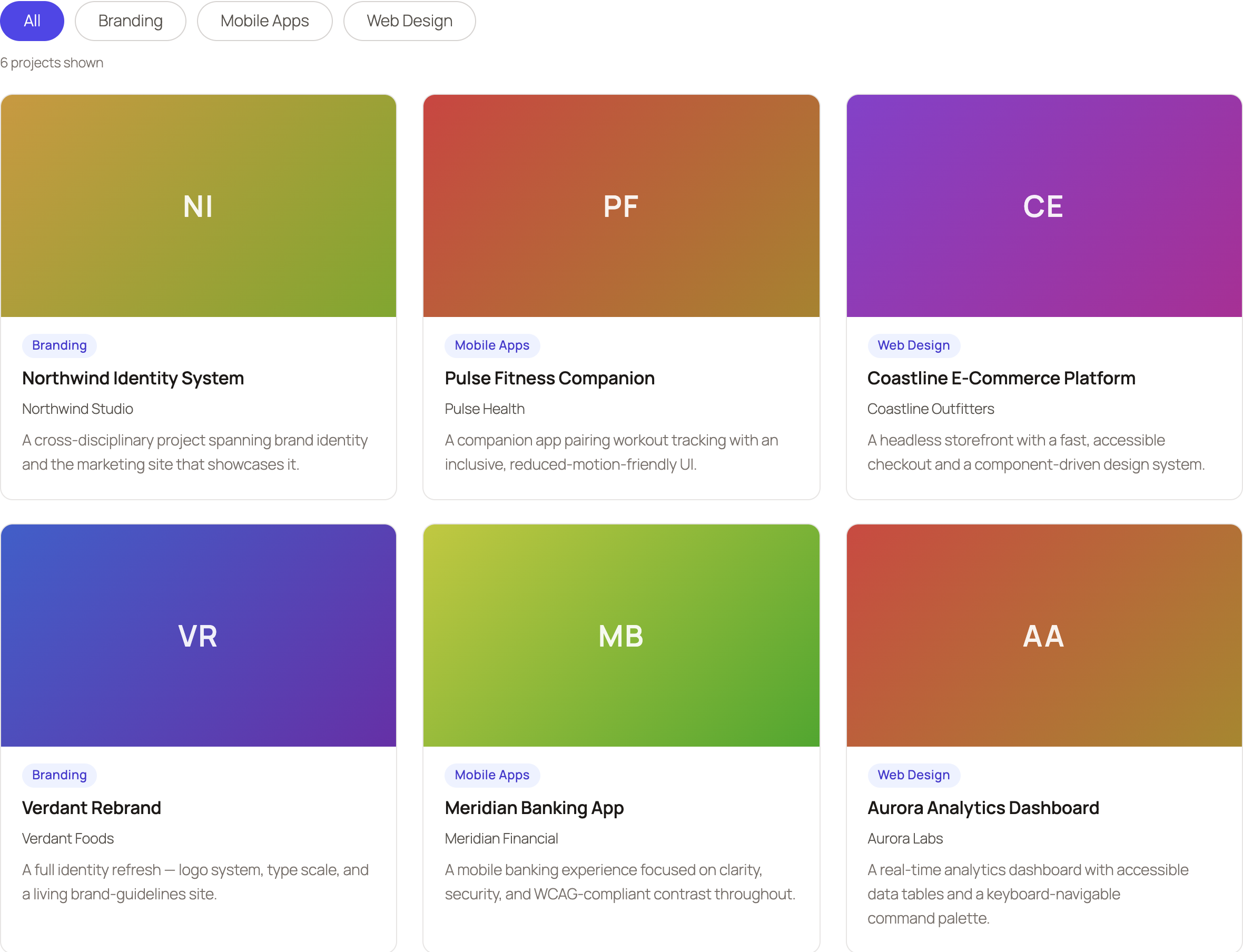 The Featured Work block: a filterable grid of case-study cards