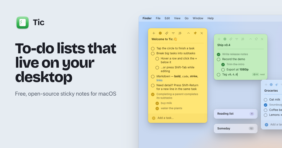 Tic sticky-note to-do lists floating on a Mac desktop