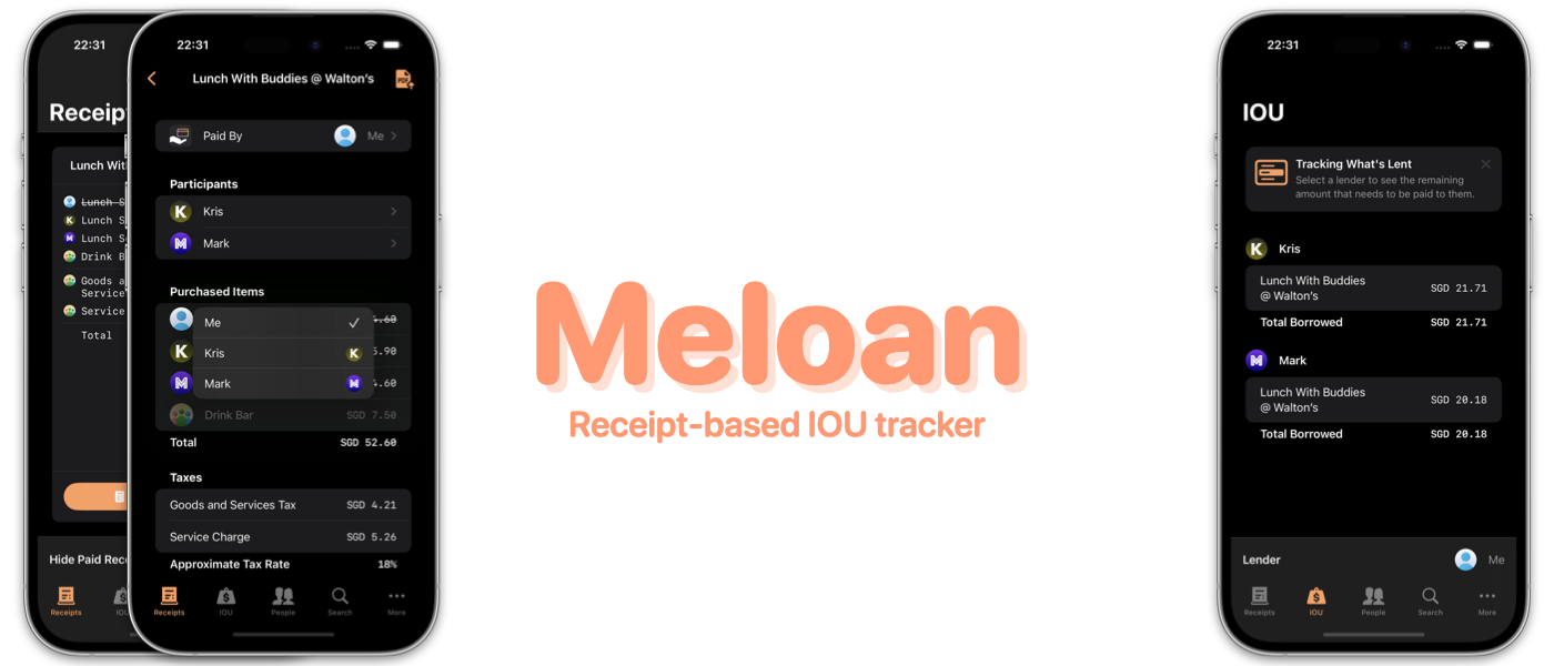 Banner image depicting the Meloan app's receipt and IOU features.