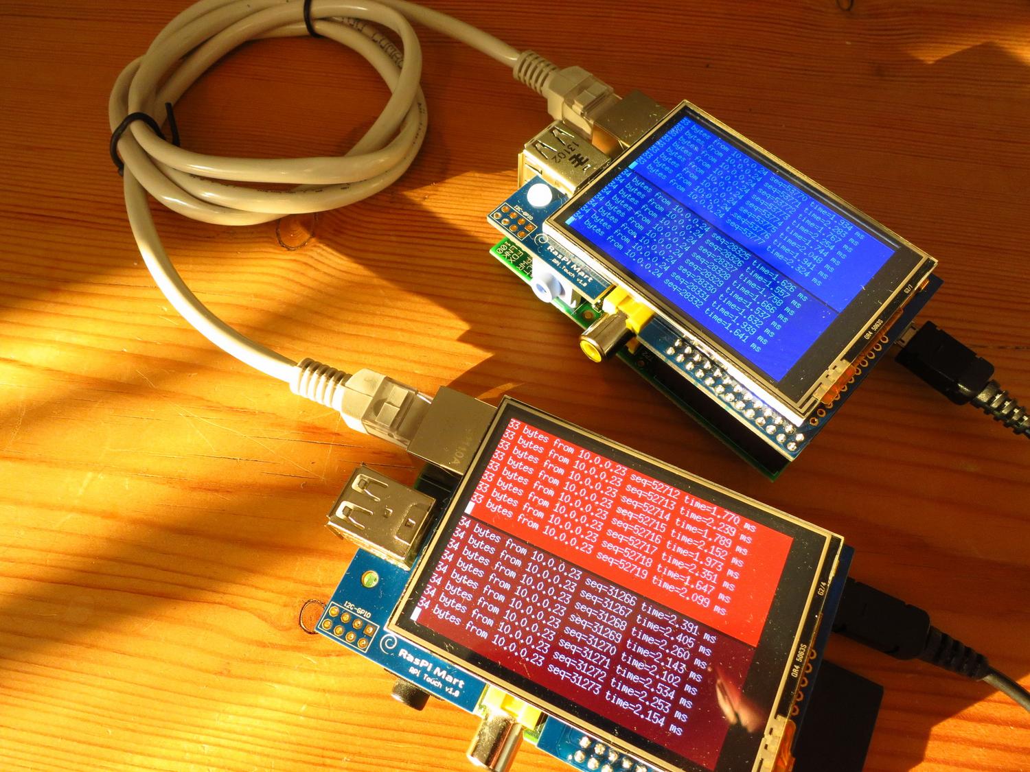 A photo of stping and dgping running on two computers