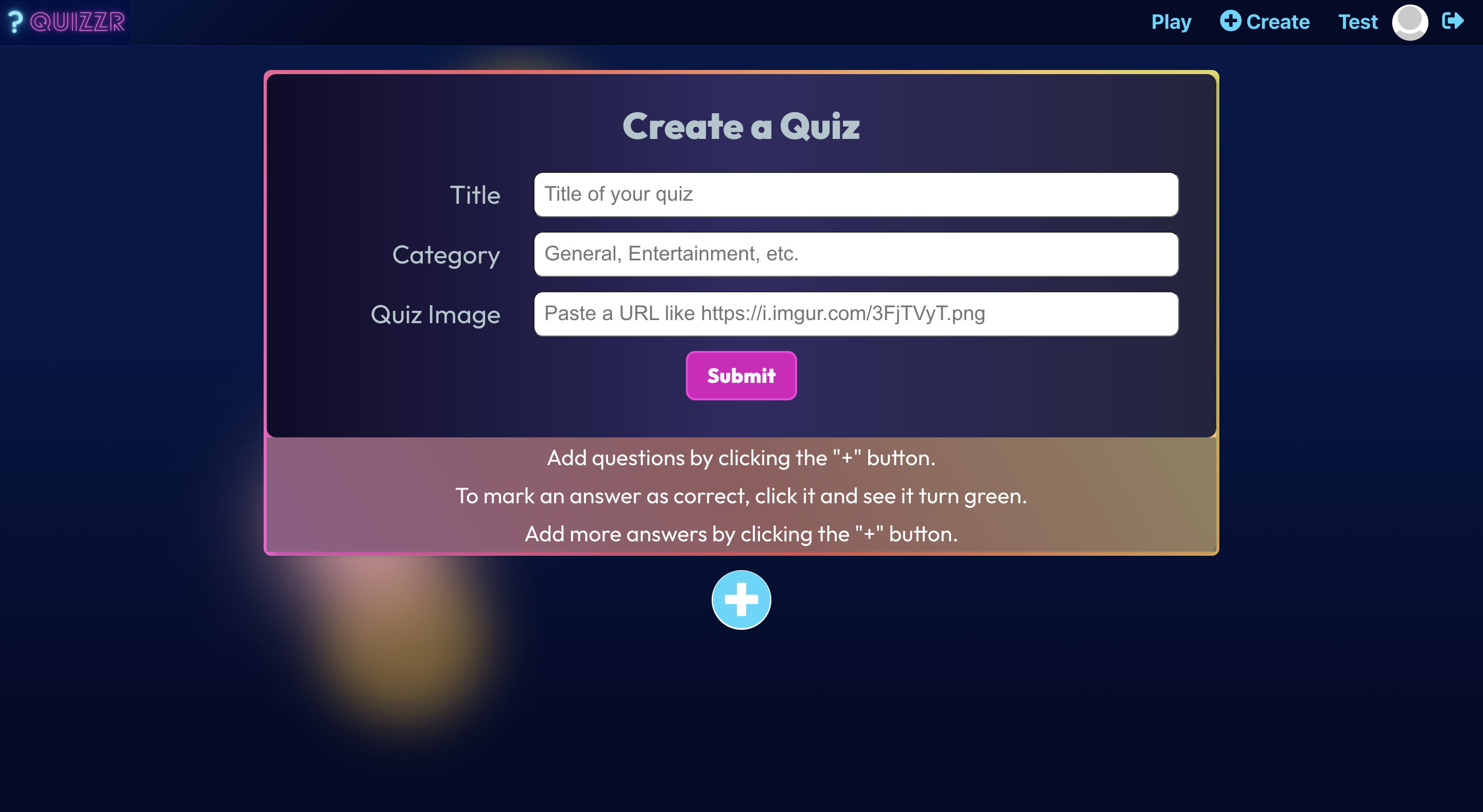 Create Quizzes Page