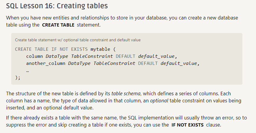 SQL creating a table