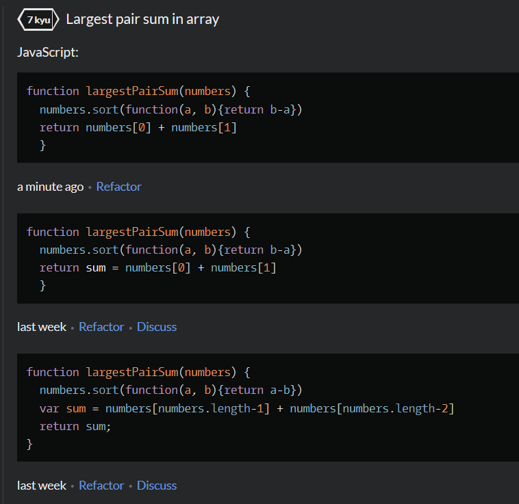 CodeWars Kata 7kyu "Largest Pair Sum In Array"