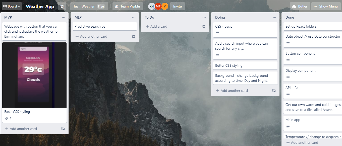 Trello Board for making our Weather App