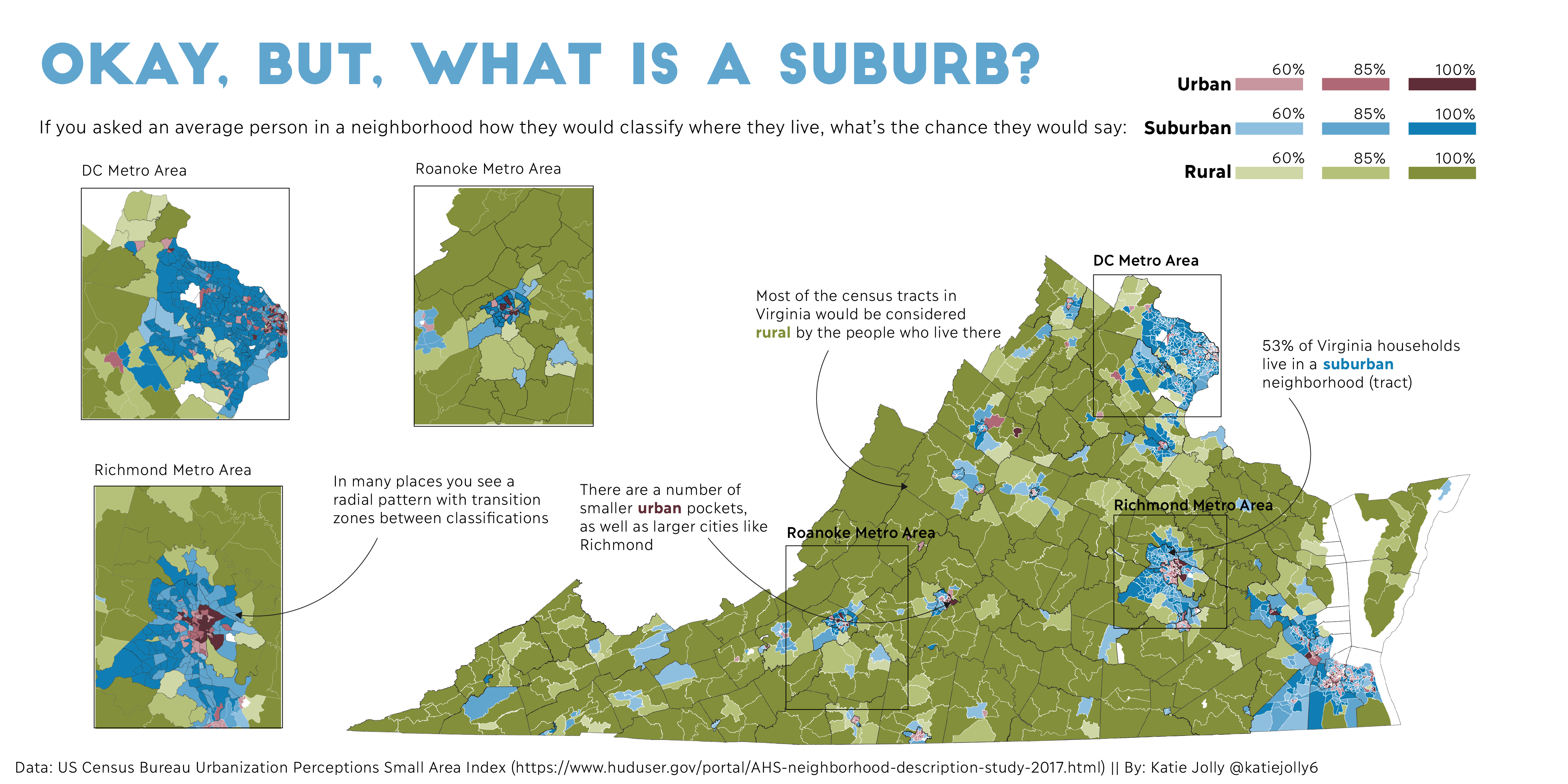 map showing urban, suburban, and rural areas in Virginia. Highlights
the DC, Richmond, and Roanoke metro
areas.