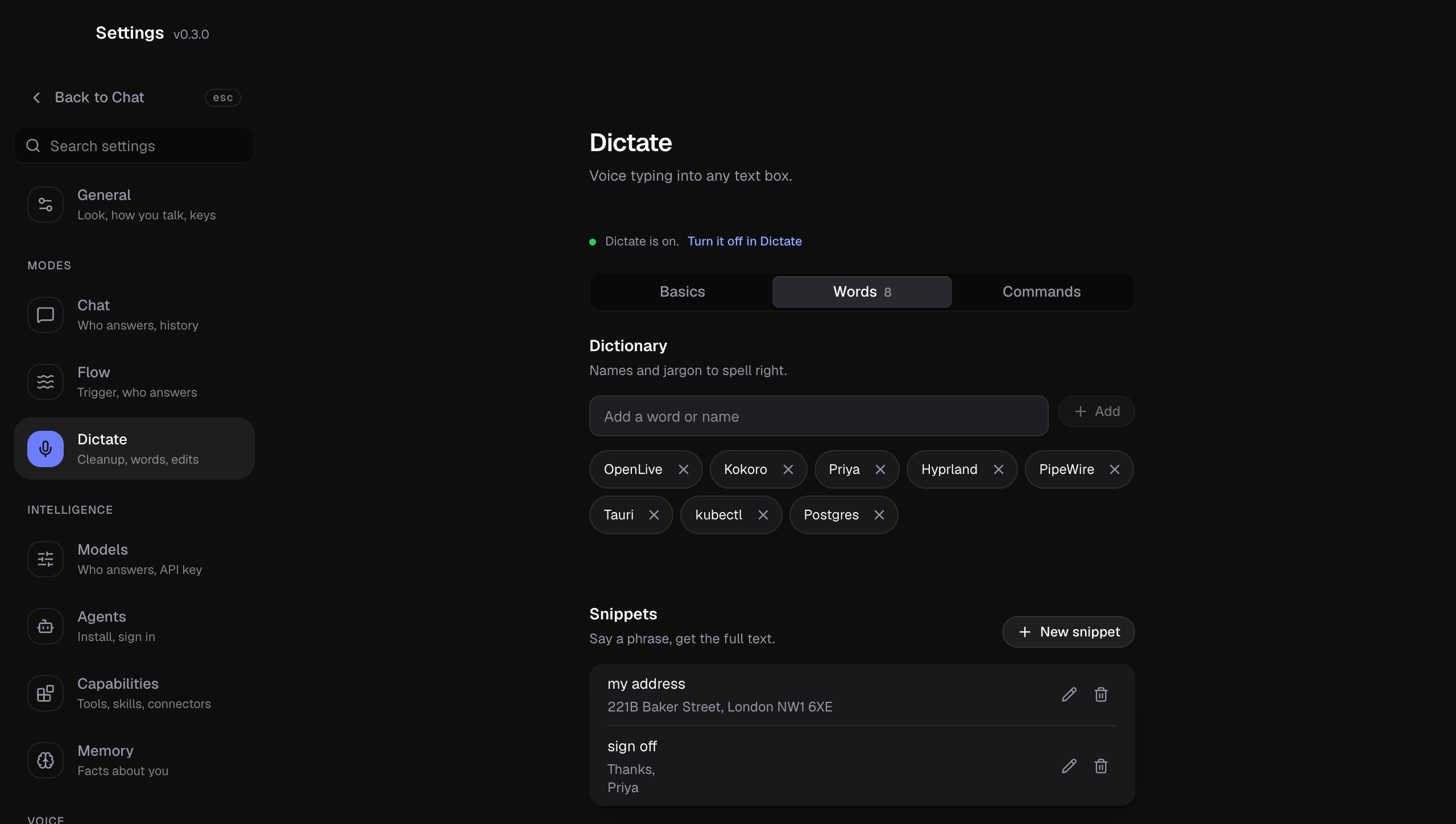 Settings, Dictate, Words