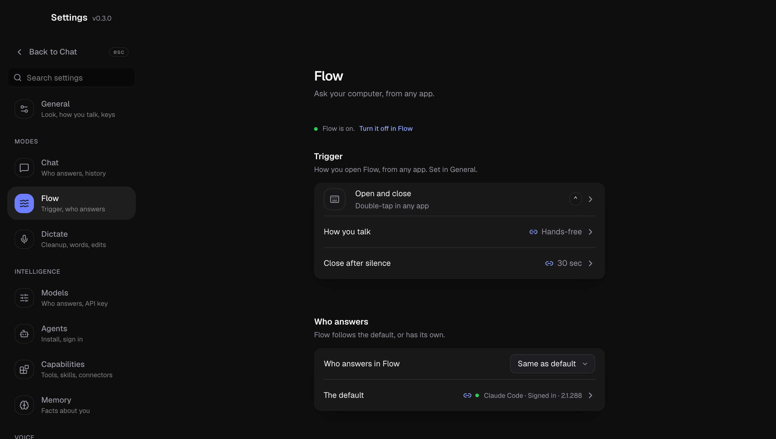 Settings, Flow