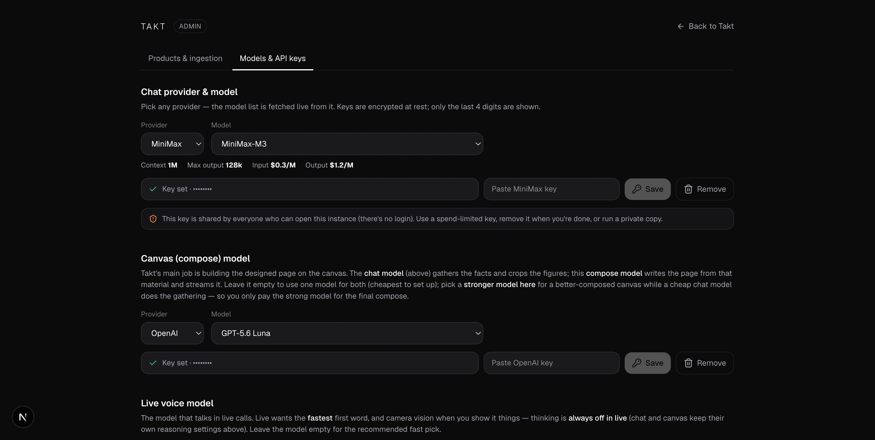 The /admin Models & API keys tab: per-job model choice and encrypted key entry