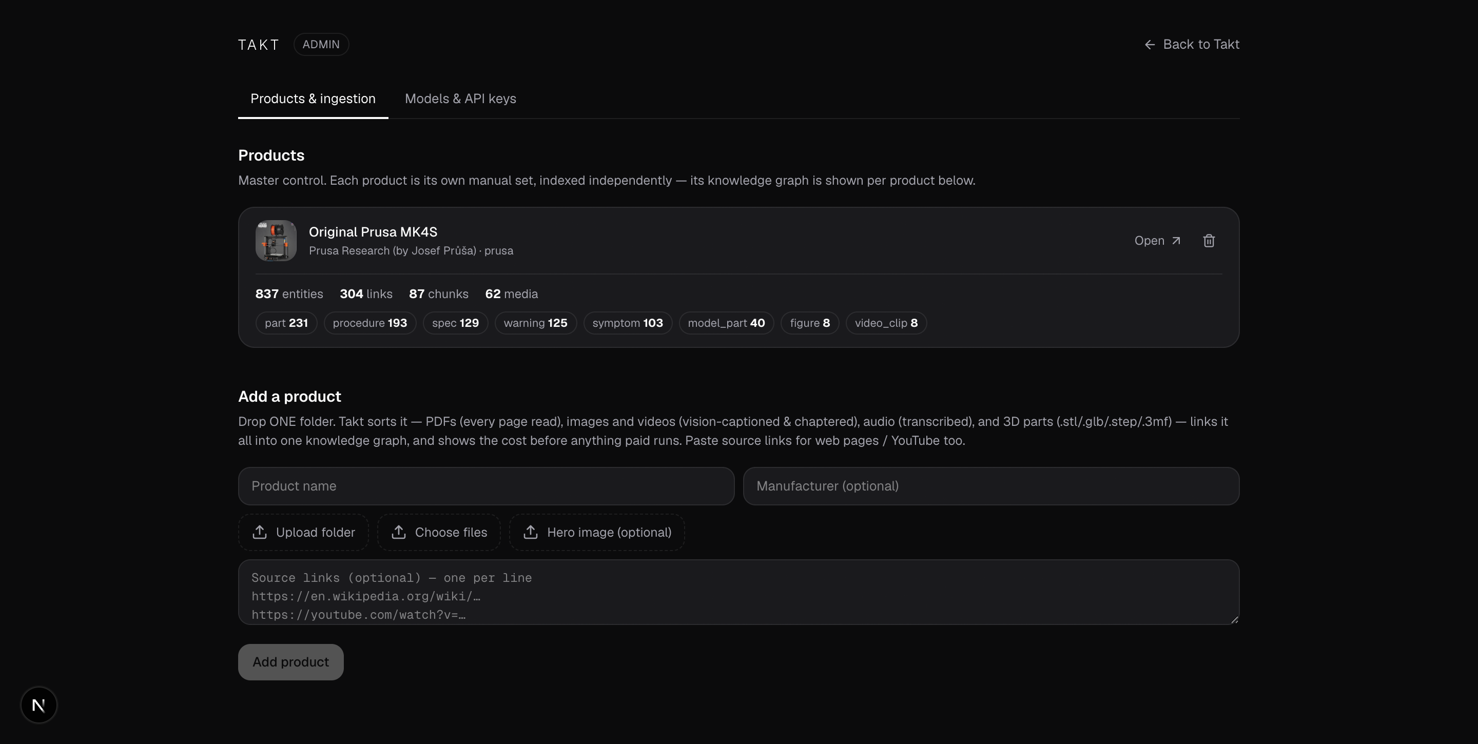 The /admin console: per-product knowledge stats and the add-product form