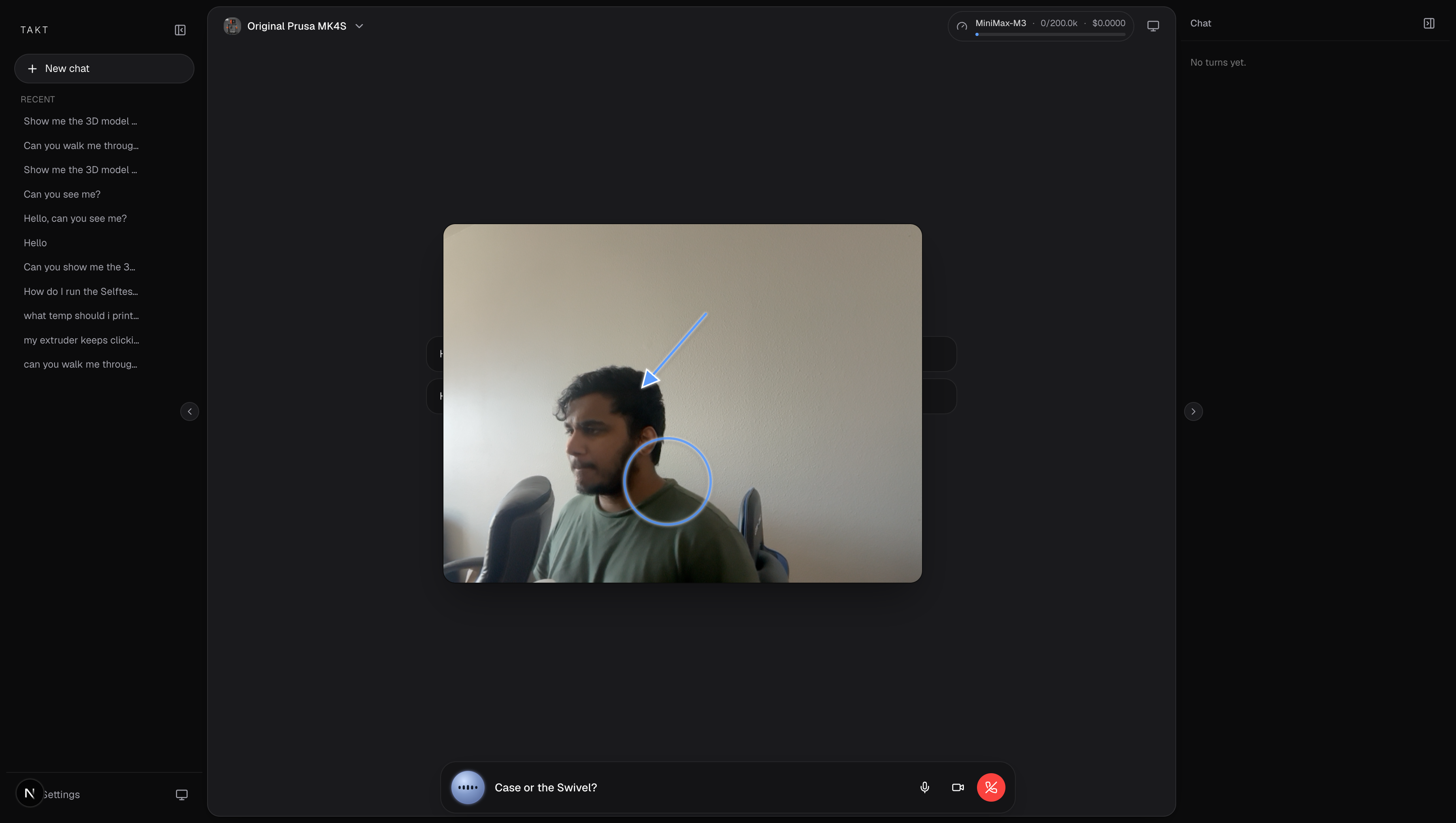 The agent drew an arrow and a ring on the live camera feed to point at what it's describing; the marks track as the camera moves