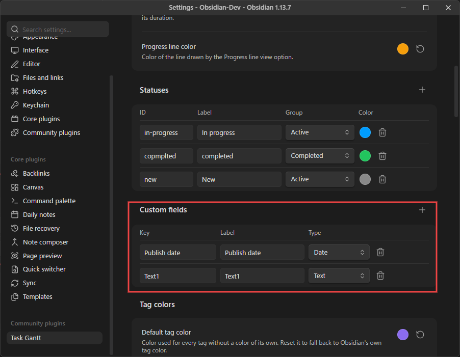Custom fields in the settings tab: a key, a label and a type per field