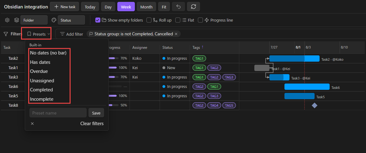 Built-in and saved filter presets