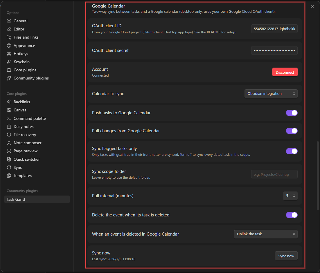 Google Calendar settings