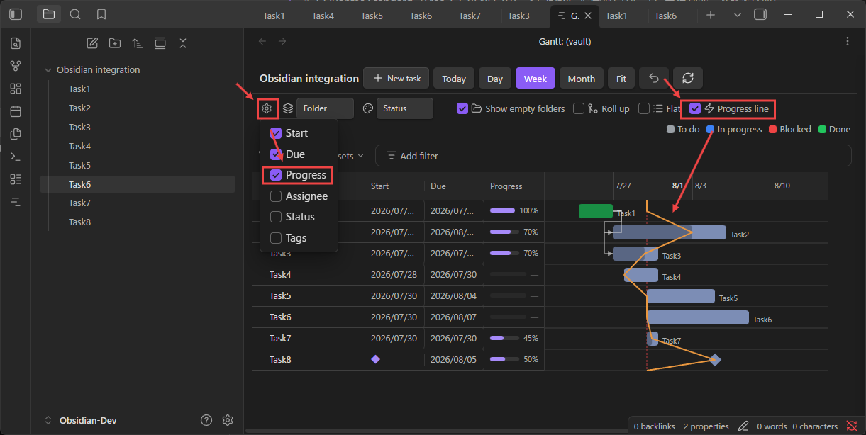 The Progress column and the progress line, both enabled from the view options