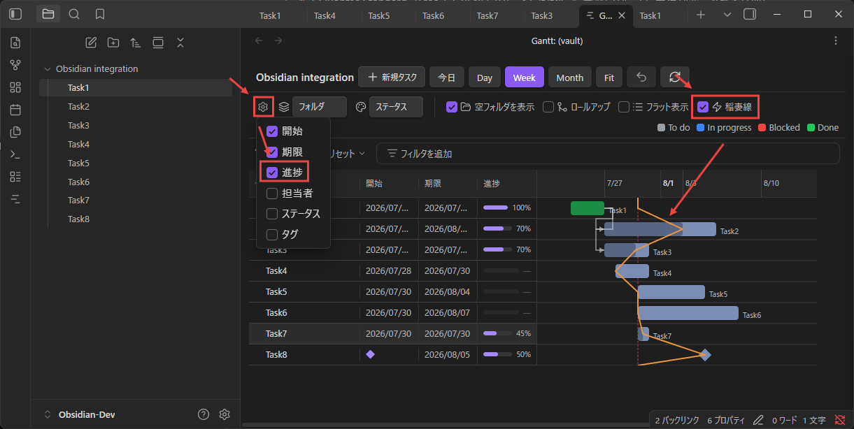 進捗列と稲妻線(どちらも表示オプションから有効化)