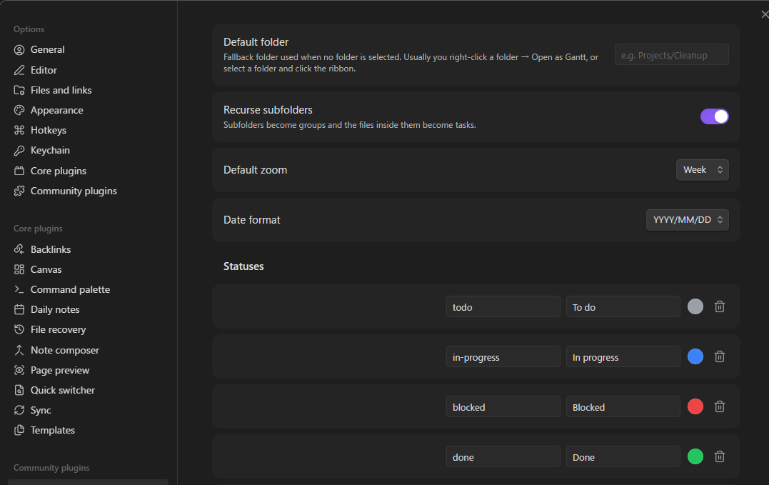 Task Gantt settings: customizable statuses and frontmatter keys