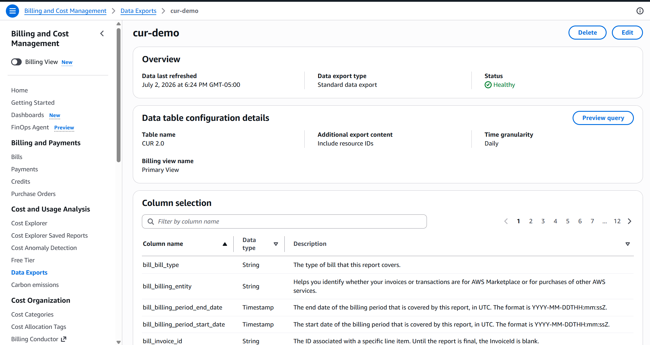 AWS CUR 2.0 export creation screen showing Daily granularity, Parquet format, and Amazon Athena integration checked