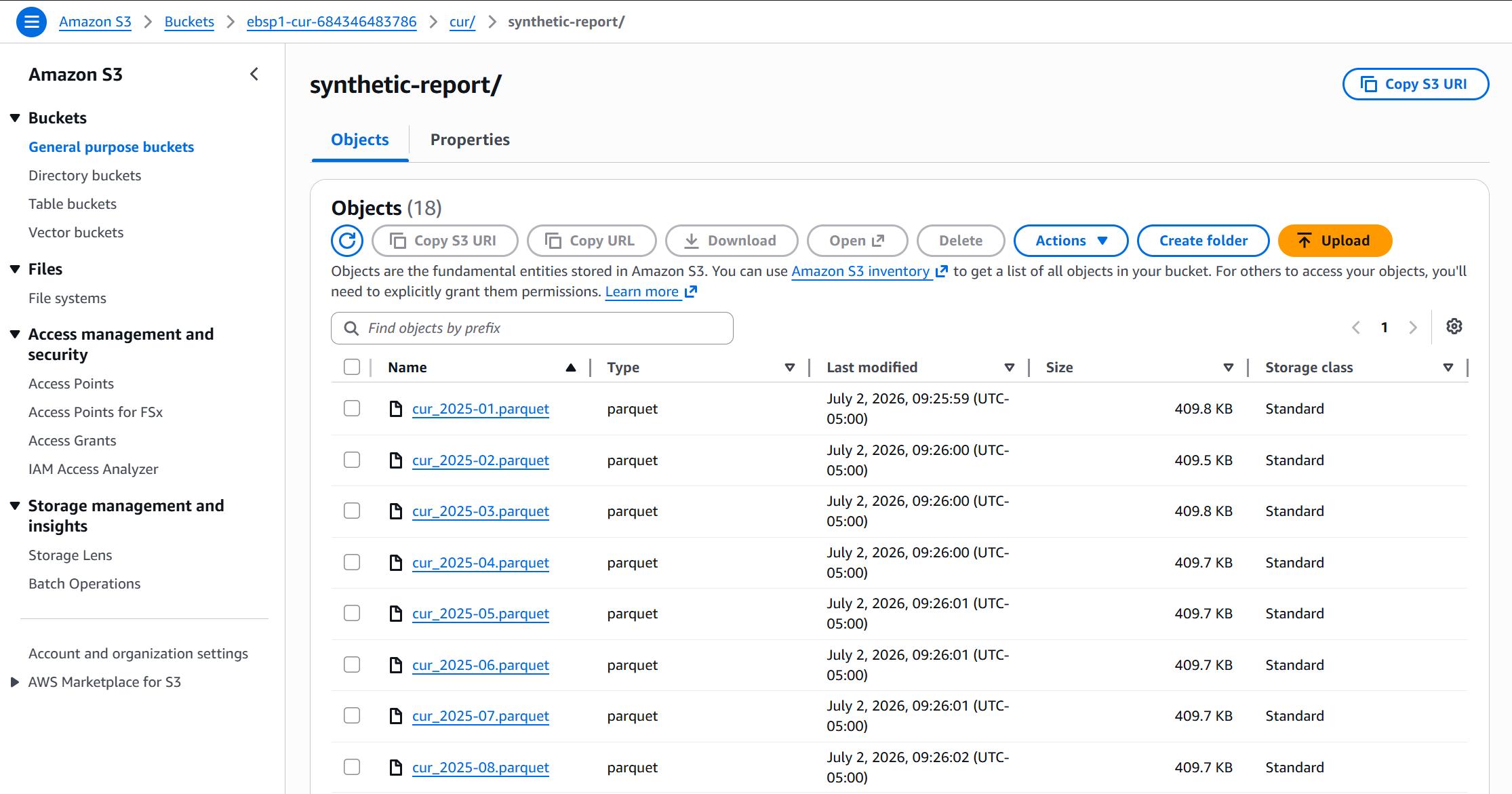 S3 bucket showing 18 Parquet files named cur_2025-01.parquet through cur_2026-06.parquet