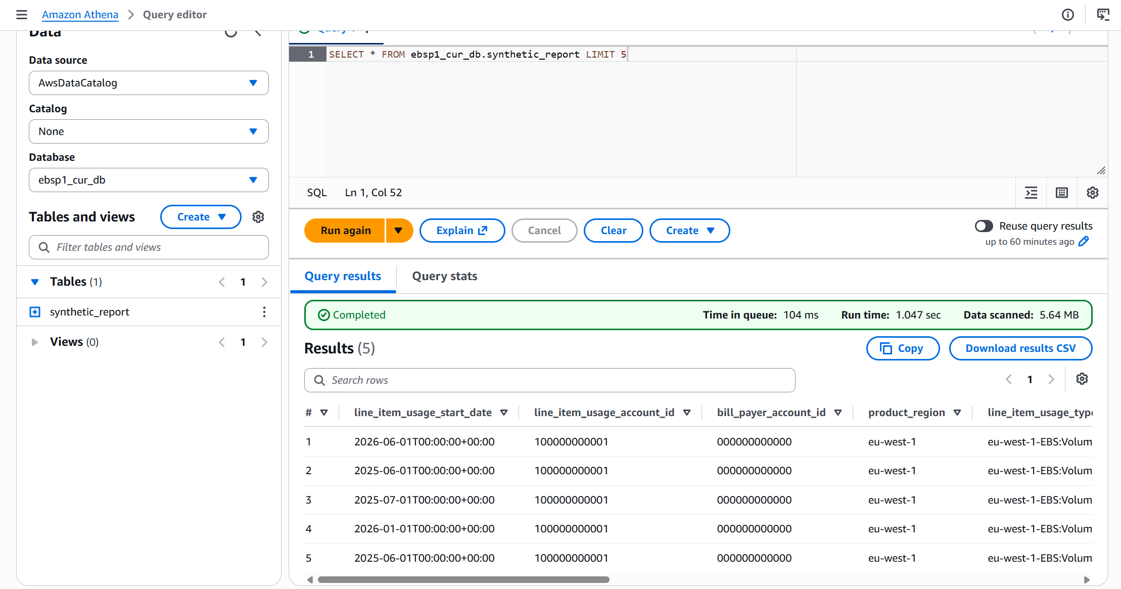 Athena query editor showing SELECT * FROM ebsp1_cur_db.synthetic_report LIMIT 5 with column names and sample rows