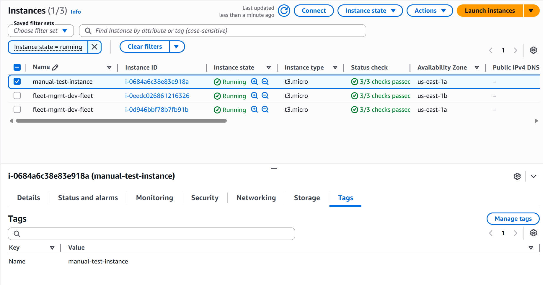 EC2 Tags tab showing only Name tag — no PatchGroup, no ManagedBy