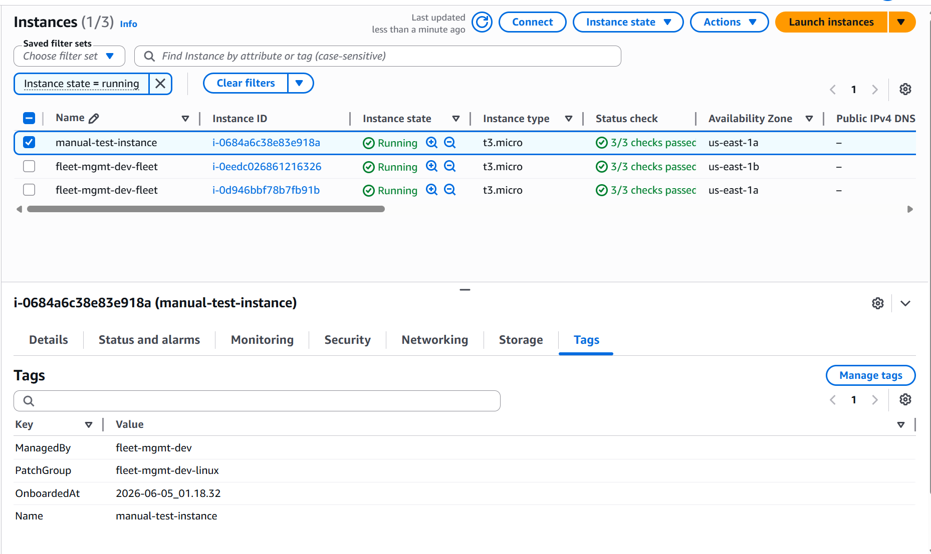 EC2 Tags tab after onboard — PatchGroup, ManagedBy, and OnboardedAt all applied