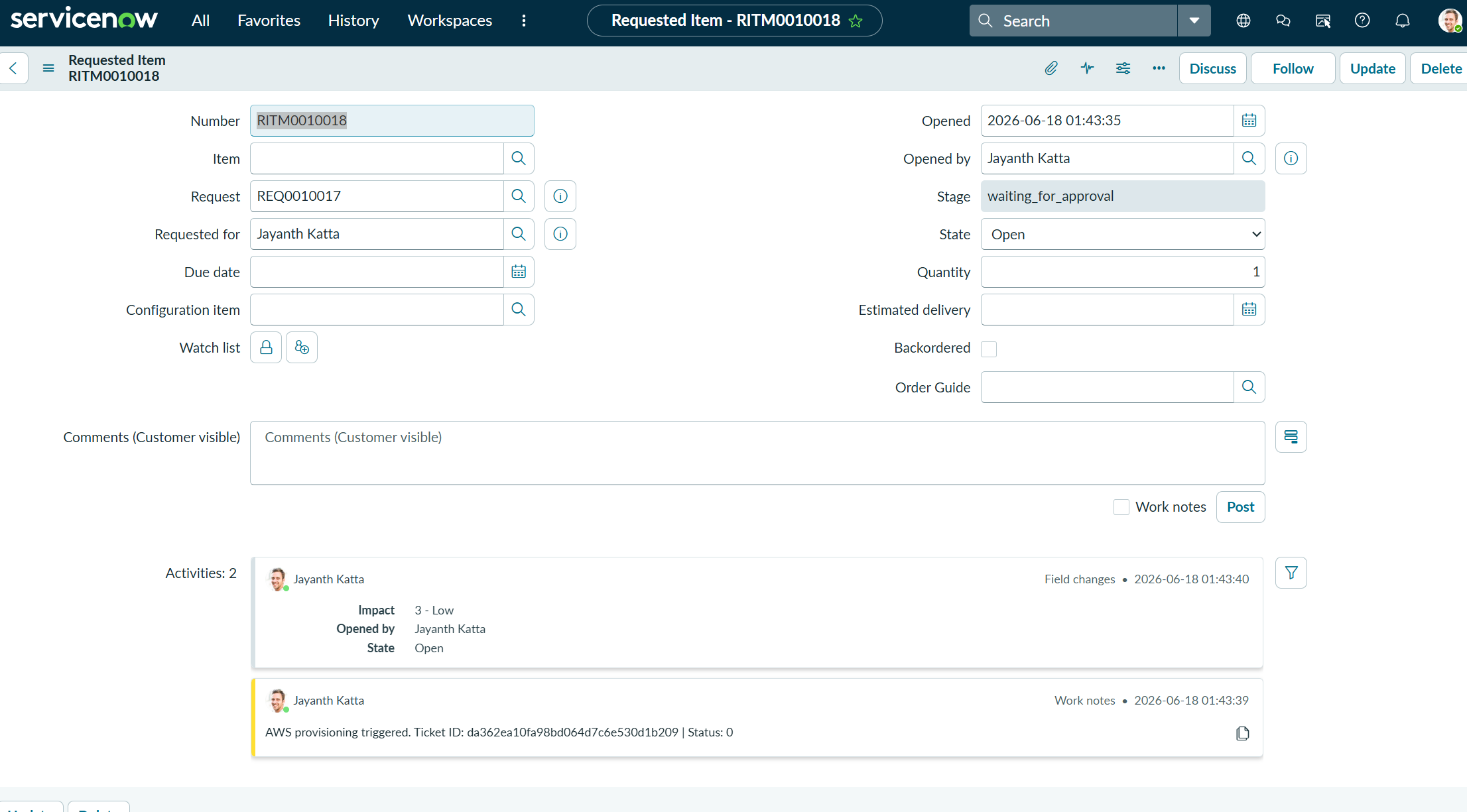 ServiceNow ticket open