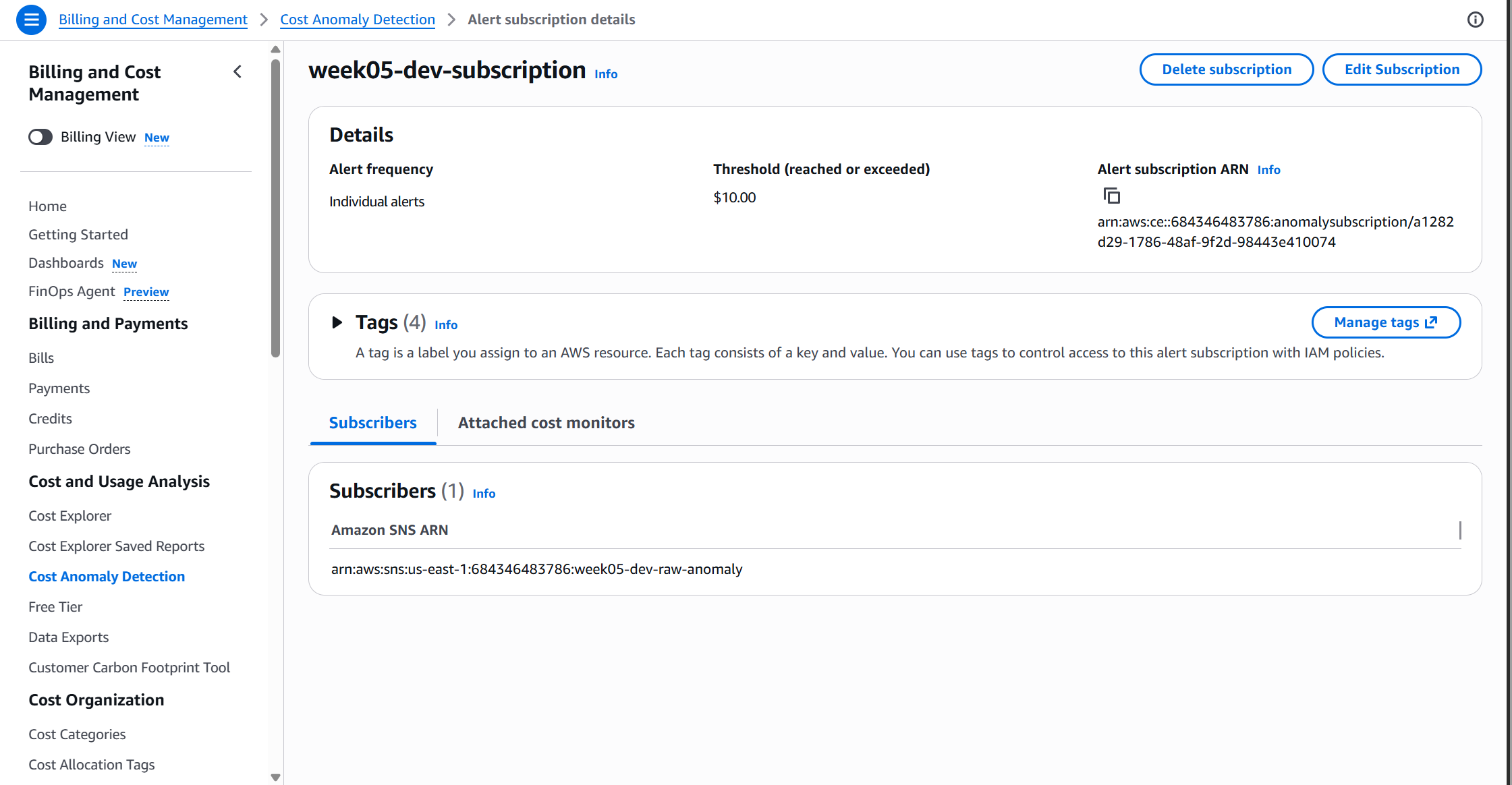 Cost Anomaly Detection alert subscription