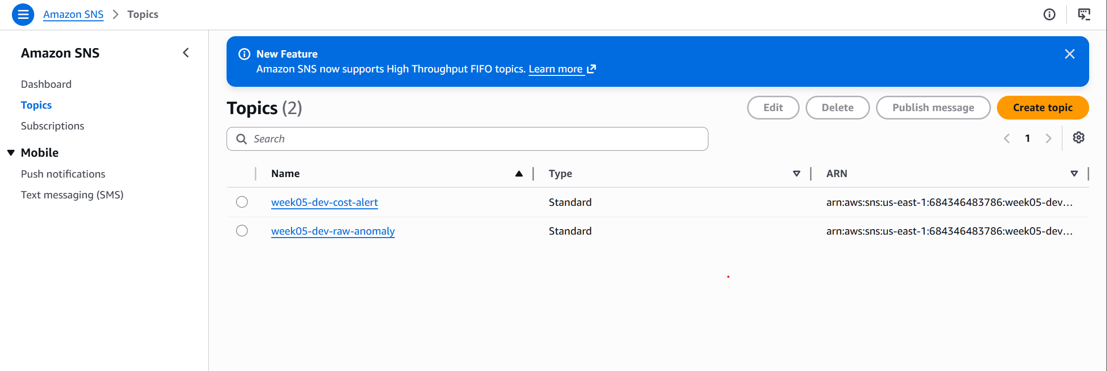 SNS topics in AWS console