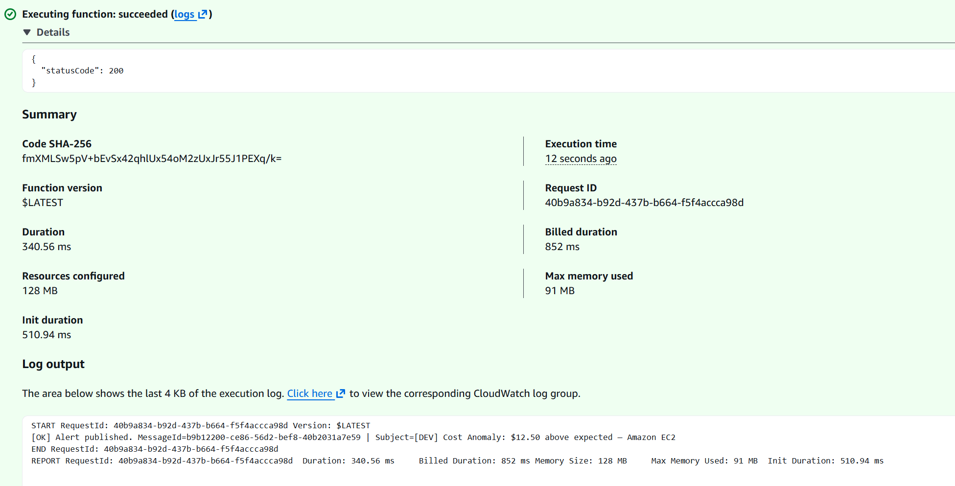 Lambda test execution succeeded