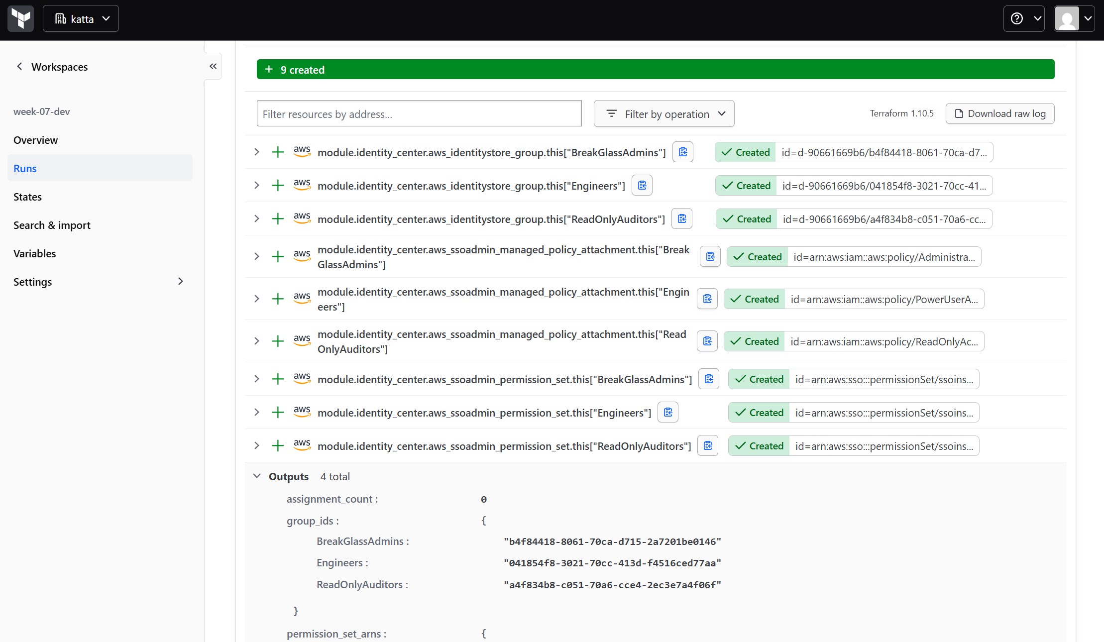 HCP Terraform apply run for week-07-dev showing 9 resources added