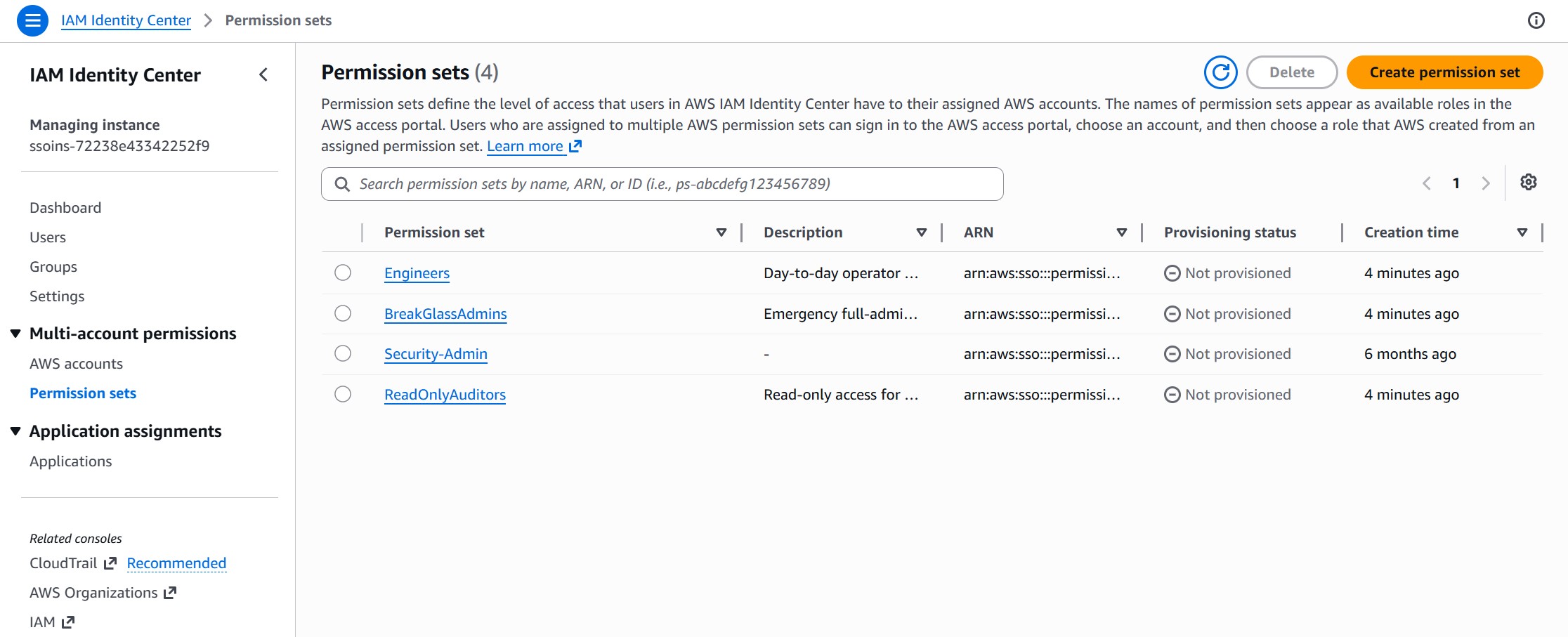 IAM Identity Center console Permission sets page