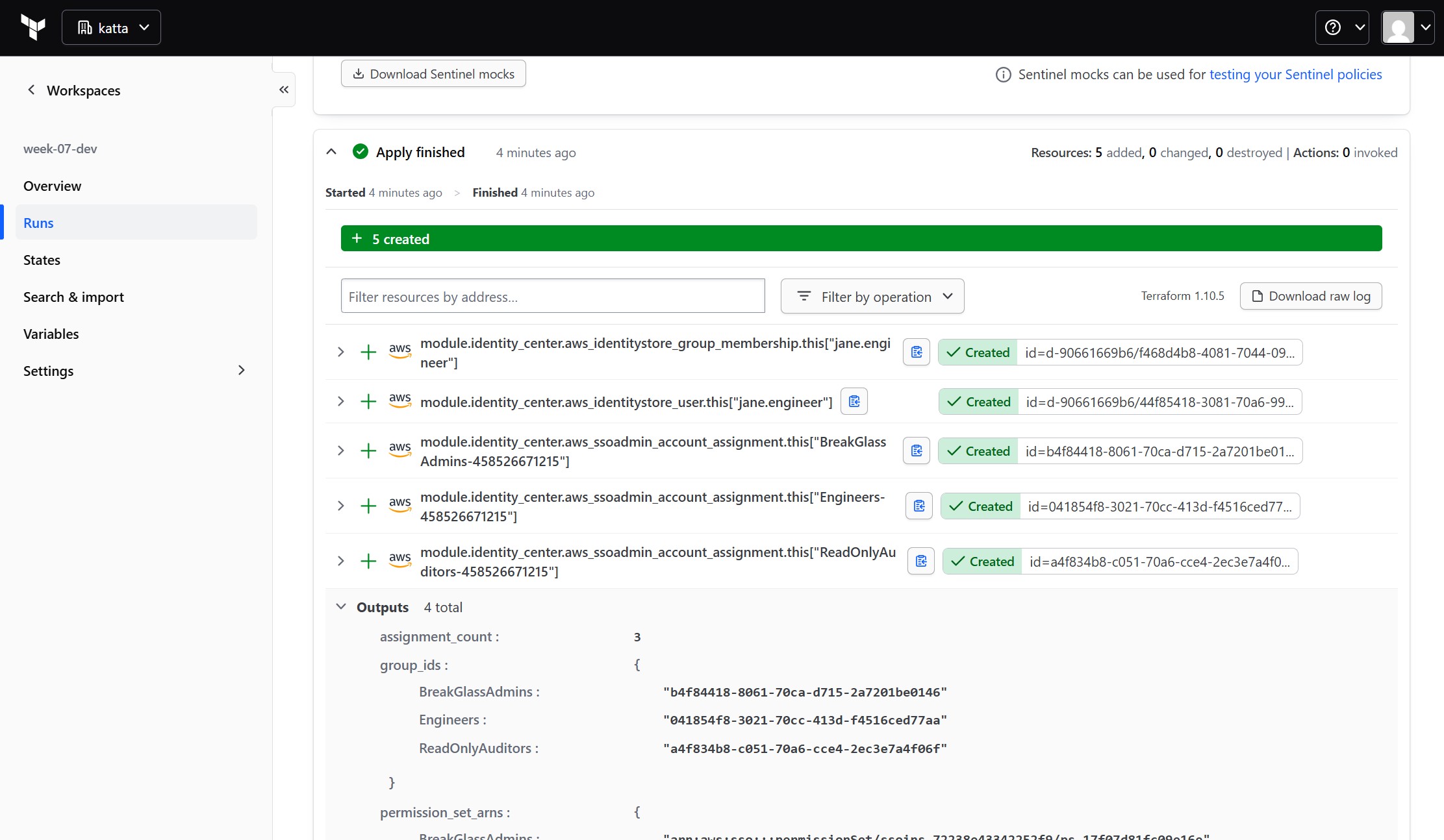 HCP Terraform second apply showing 5 resources added, including identitystore_user and three ssoadmin_account_assignment resources