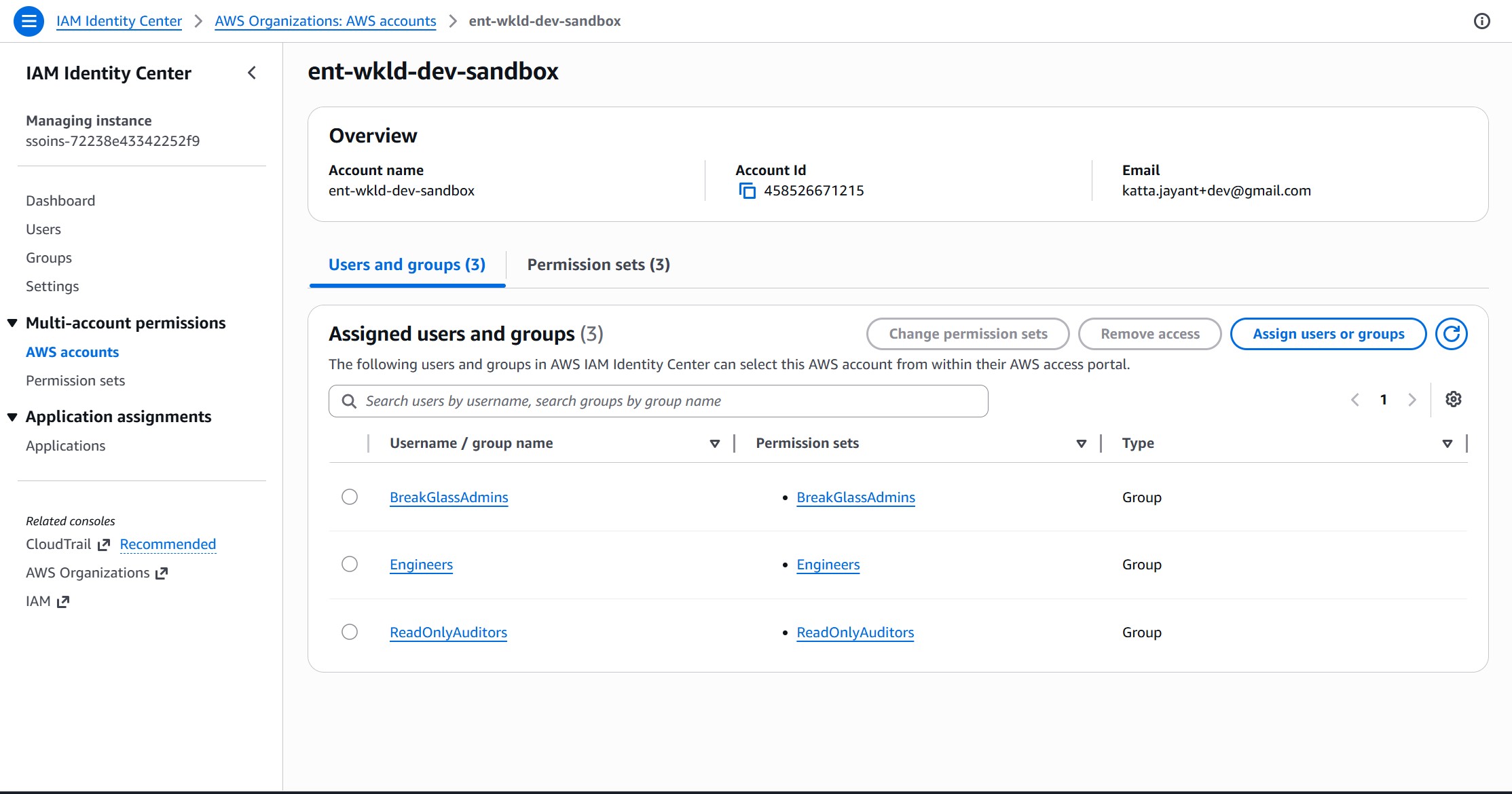 IAM Identity Center AWS accounts tab showing assigned groups and permission sets for the target account