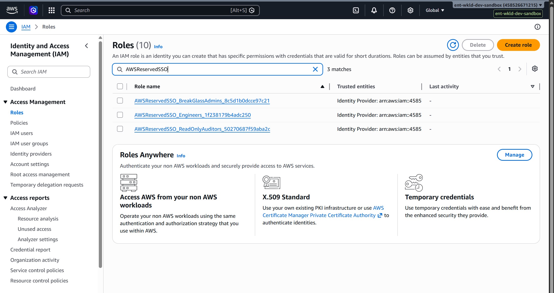 IAM Roles page inside the target account, filtered to AWSReservedSSO, showing three auto-provisioned roles