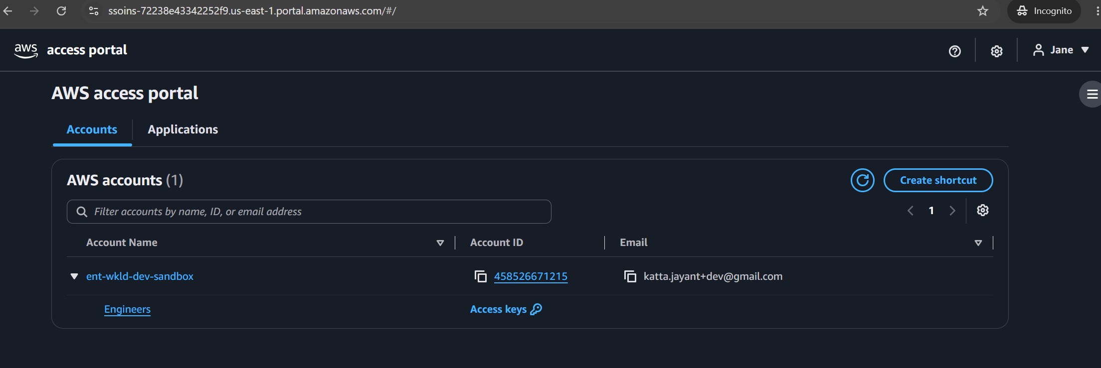 AWS access portal showing one account assigned to Jane, with one role (Engineers) available