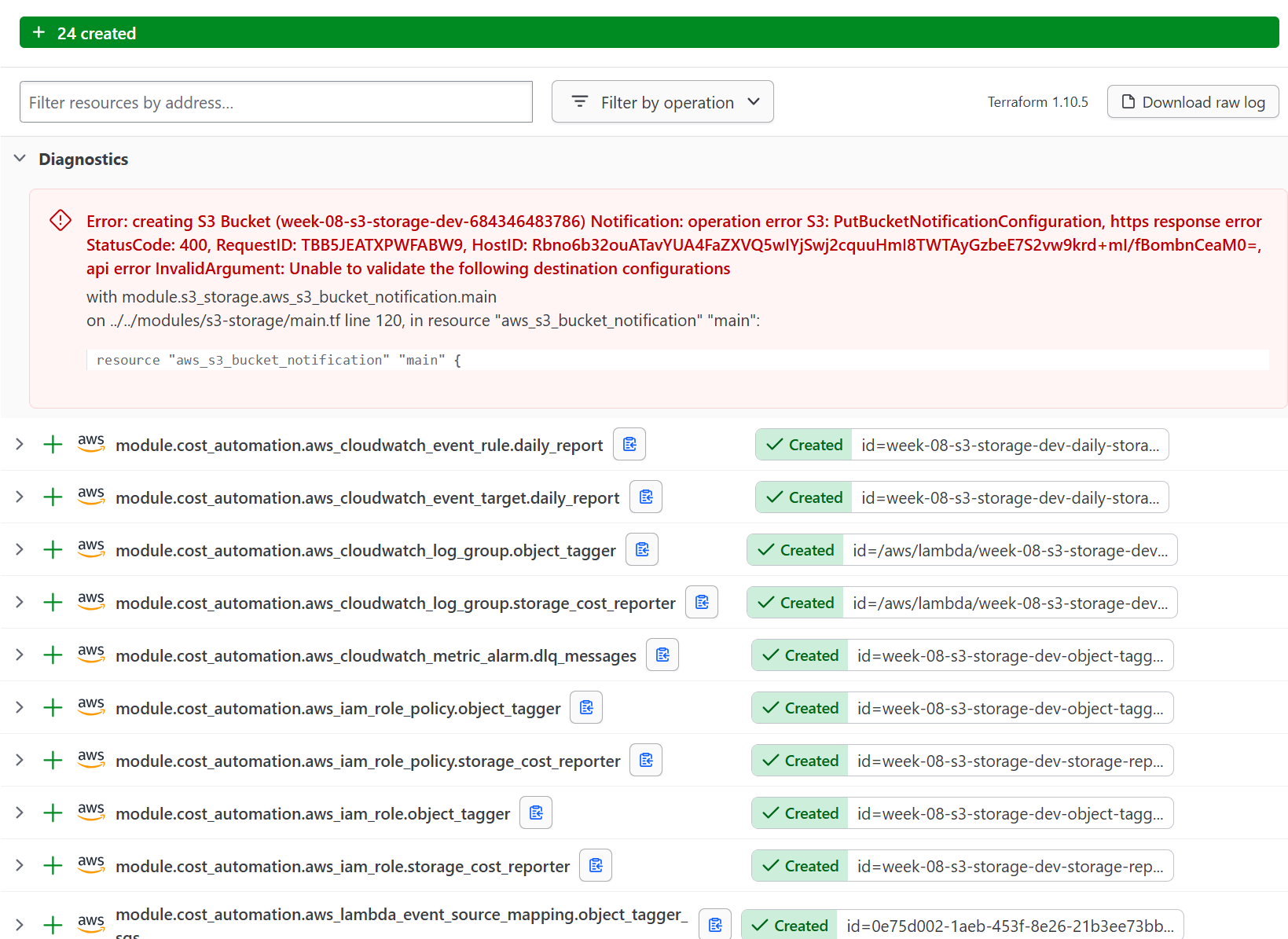 HCP apply errored showing 24 resources created and 1 S3 notification error