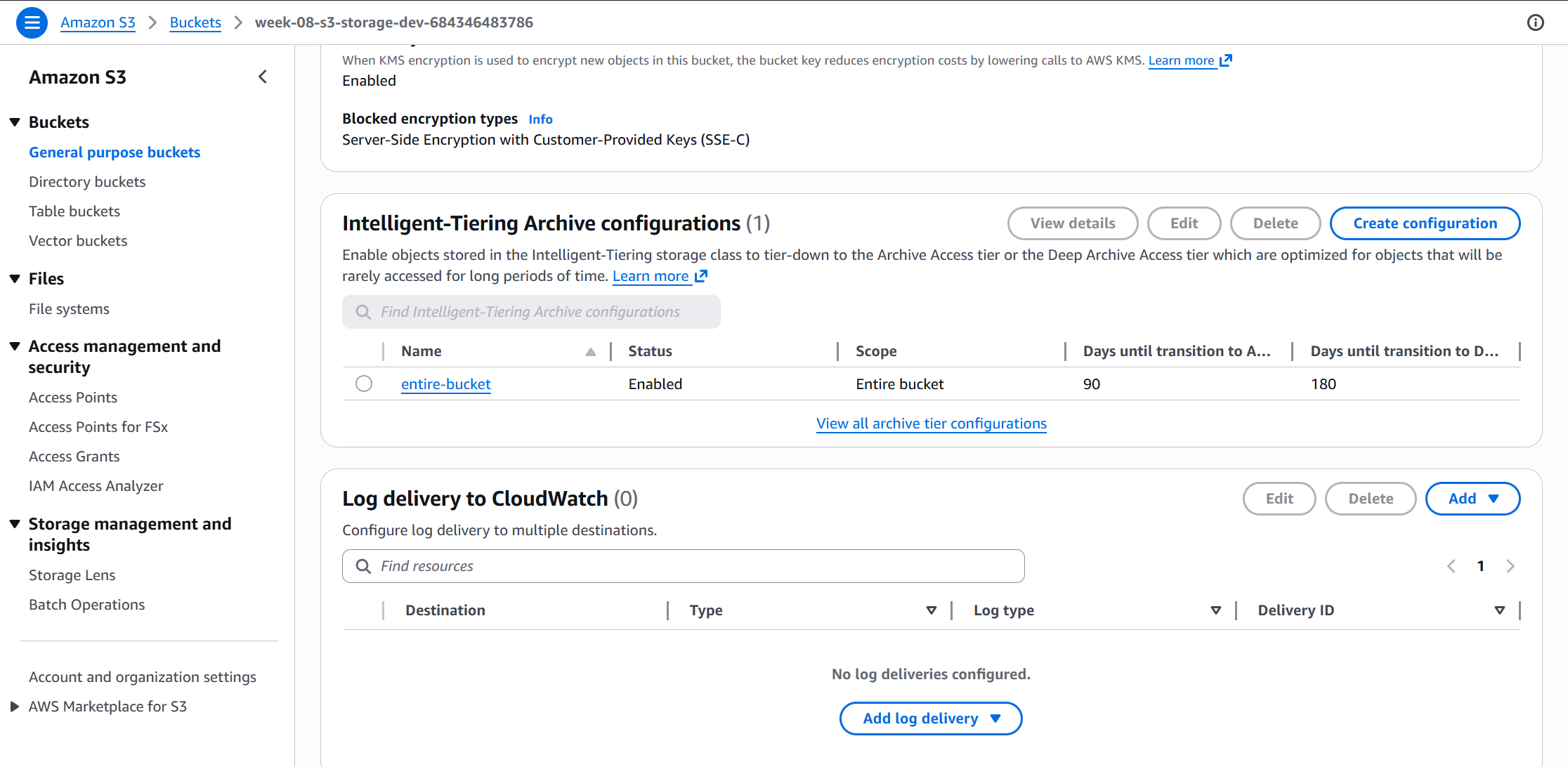 S3 Intelligent-Tiering configuration in the AWS console