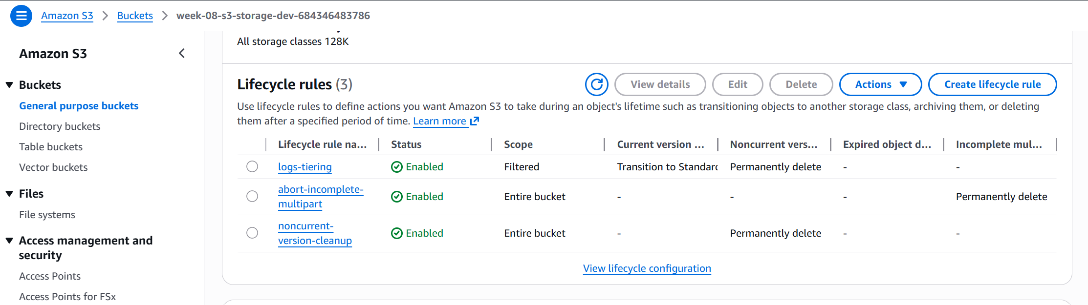 S3 lifecycle rules showing logs prefix transitions and cleanup rules
