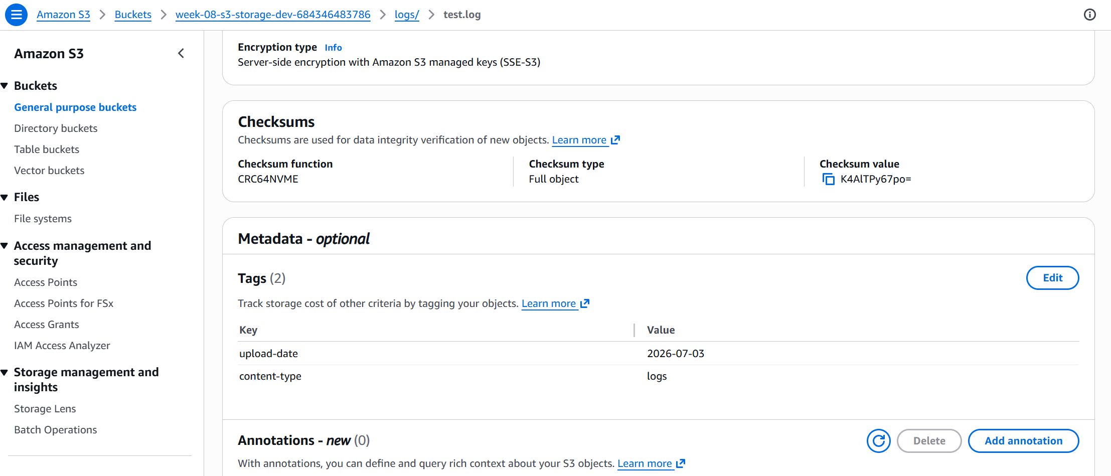 S3 object showing content-type: logs and upload-date tags applied by the object_tagger Lambda