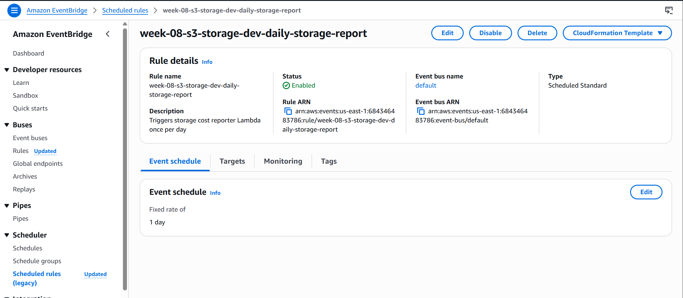 EventBridge rule showing rate(1 day) schedule targeting the storage_cost_reporter Lambda