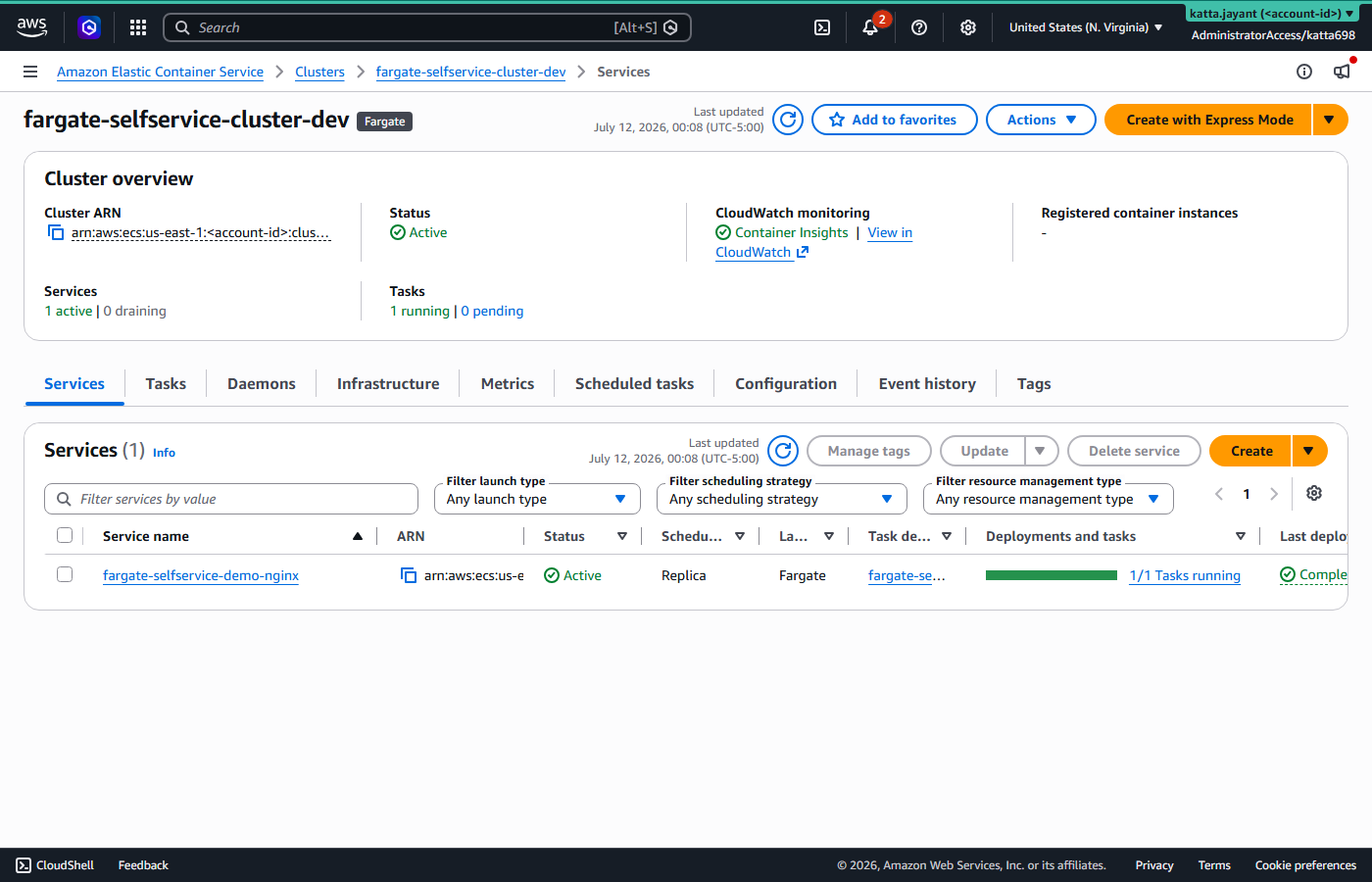 ECS cluster overview in the AWS console showing the shared Fargate cluster